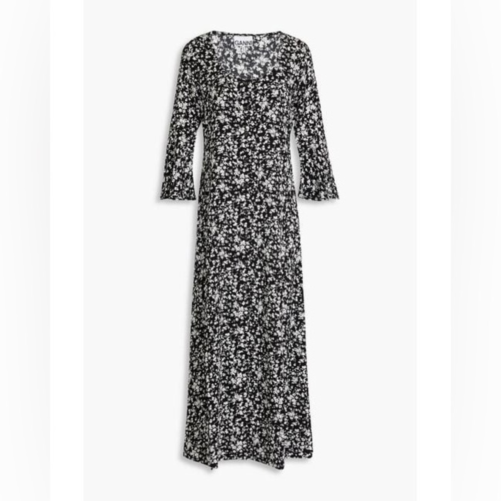 NWT GANNI Black Floral Ruffle Maxi Shirt Dress 40/8 EcoVero Crepe Boho